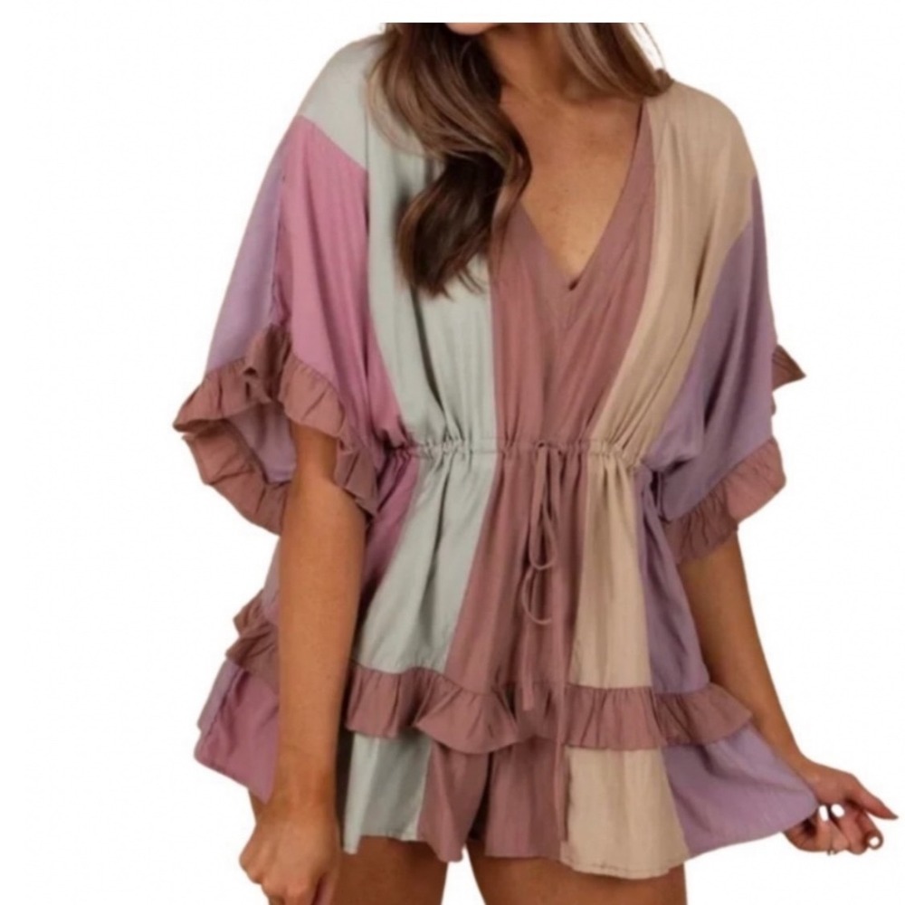 Storia Colorblock Romper Womens Medium Multicolor Boho Ruffle V-Neck Mauve
